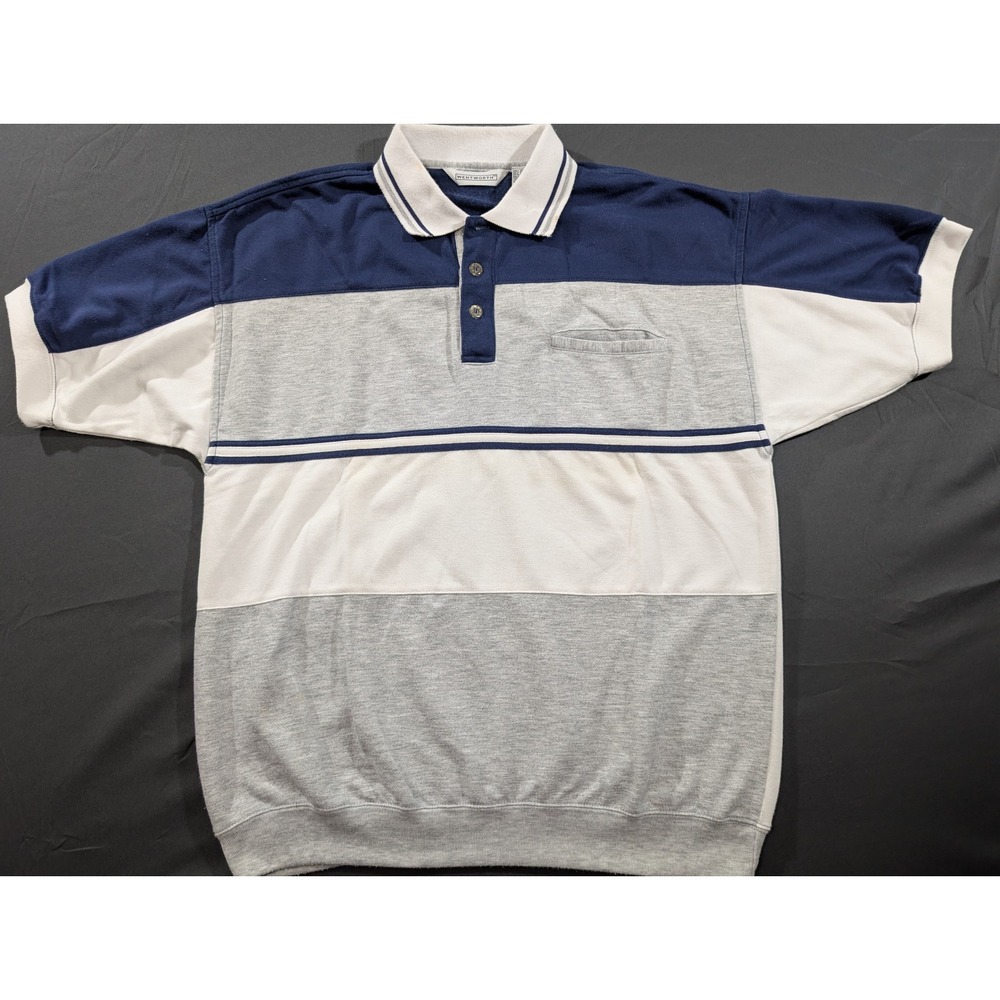 Wentworth Mens Colorblock Polo Shirt Blue Grey White Banded Hem Size M